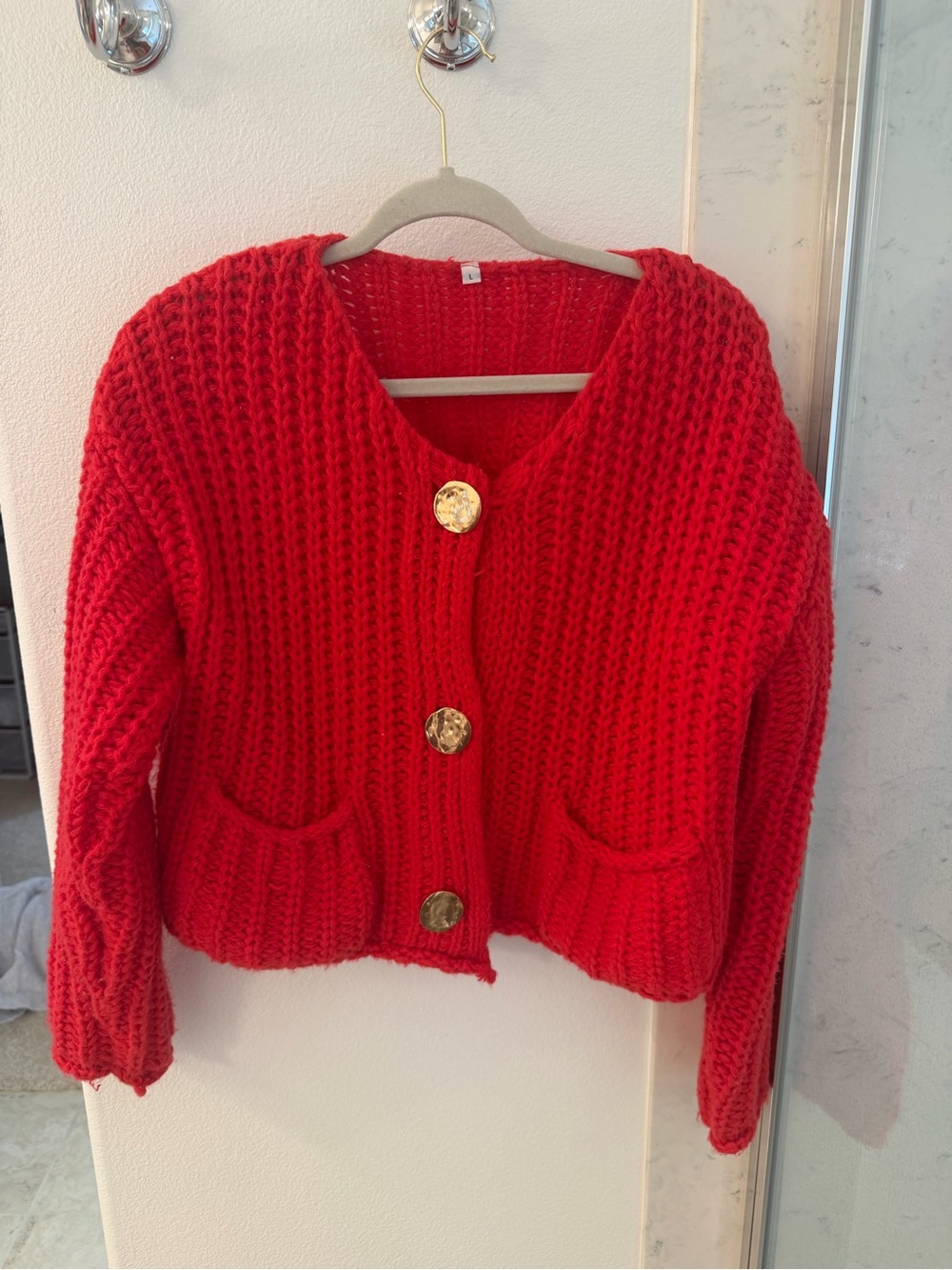 Amazon Red Chunky Knit Cardigan with Gold Buttons